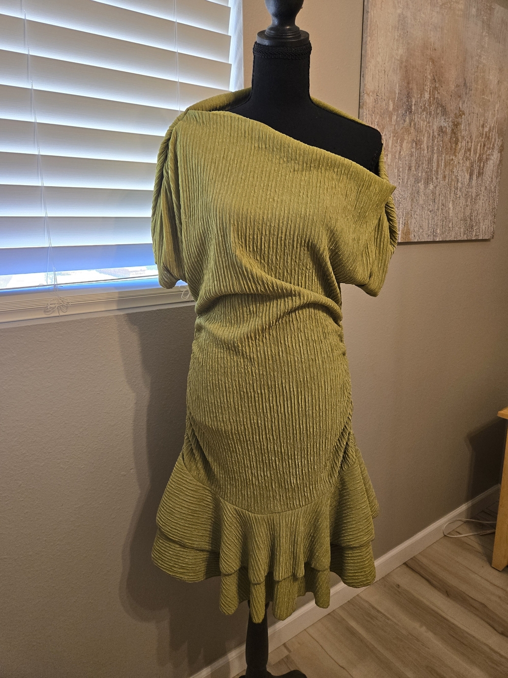 Off-Shoulder Olive Green Ribbed Ruffle Dress - Picture 2 of 7